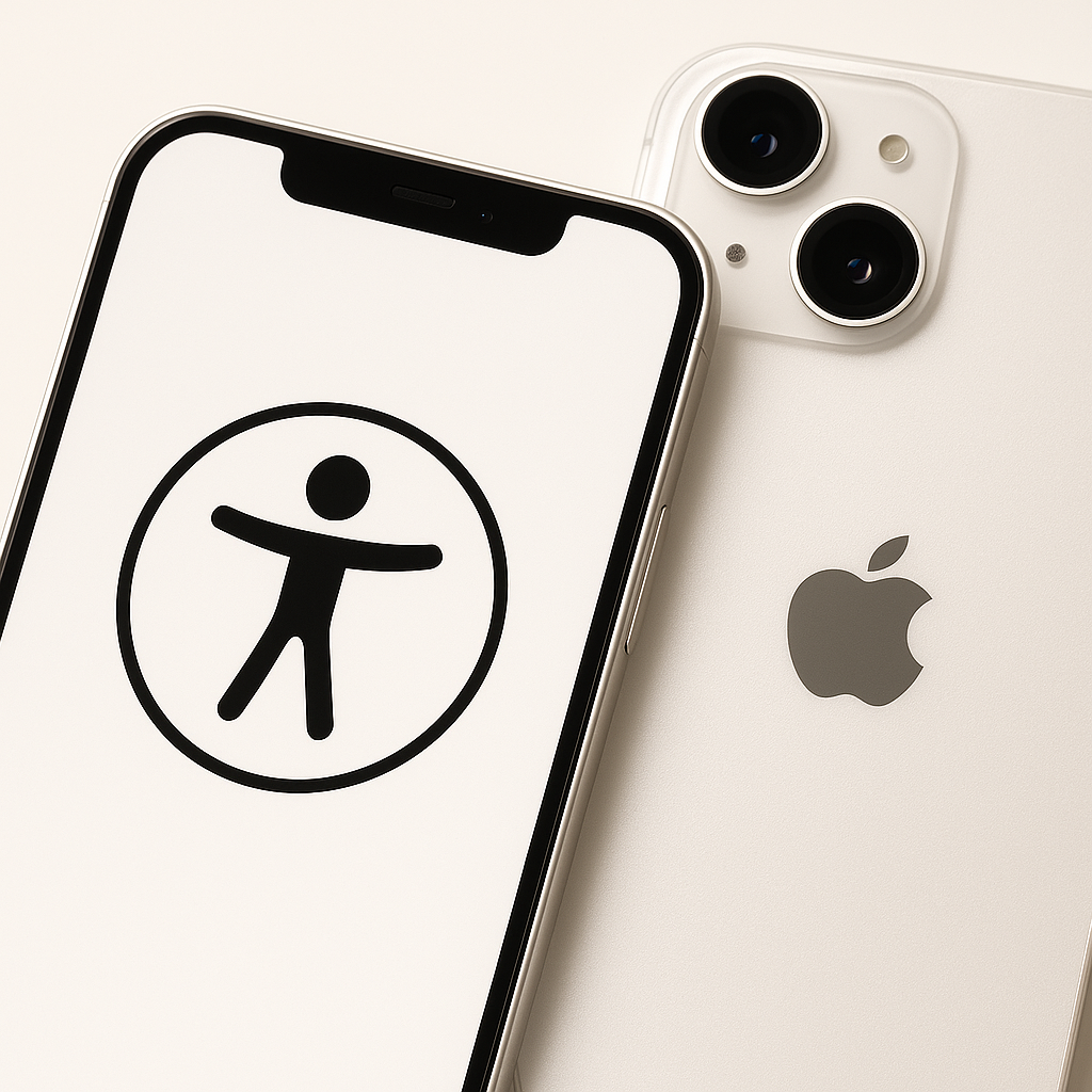 SOLONAS accessibility illustration with Apple Watch, iPhone, and interface elements