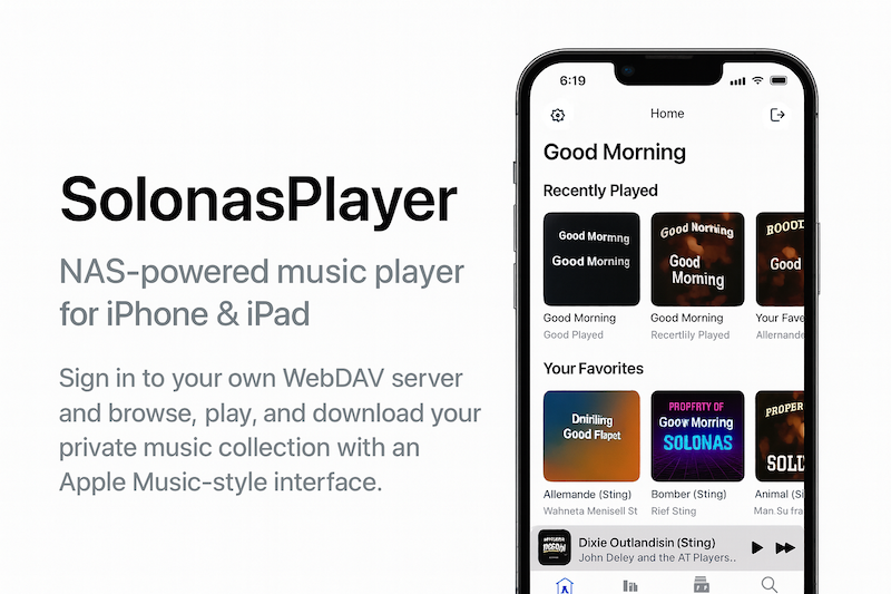 SOLONAS iPhone MP3 player showing playback controls