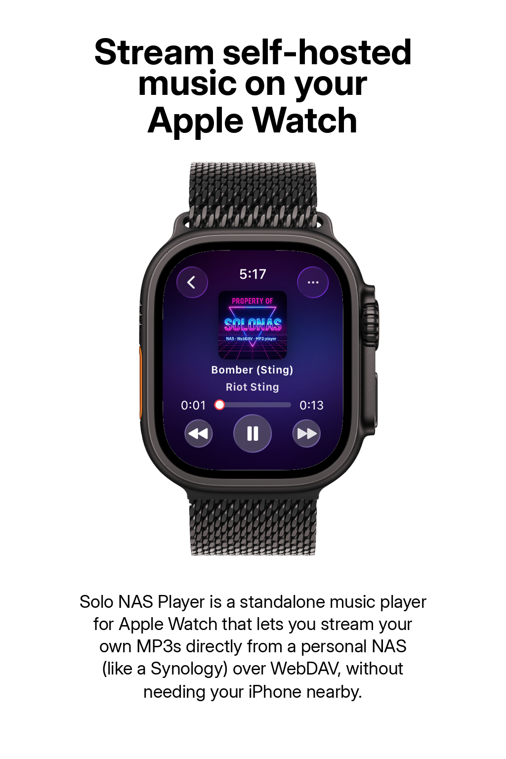 SOLONAS Apple Watch MP3 player showing playback controls